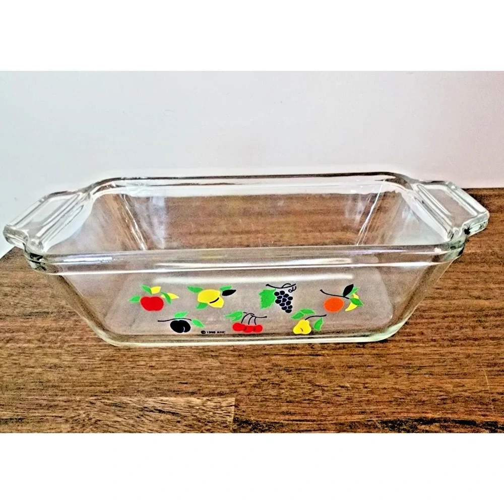 1990 Ovenware Anchor Glass Loaf Pan with Handles & Fruit Motif 1.5 qt.